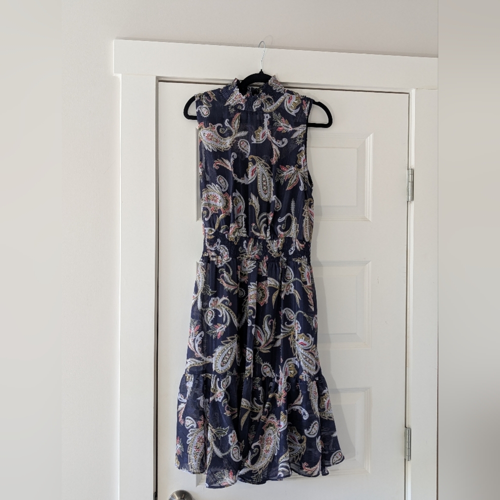 Nanette Lepore Navy Paisley High-Neck Smocked Midi Dress Size 8 - Picture 4 of 10